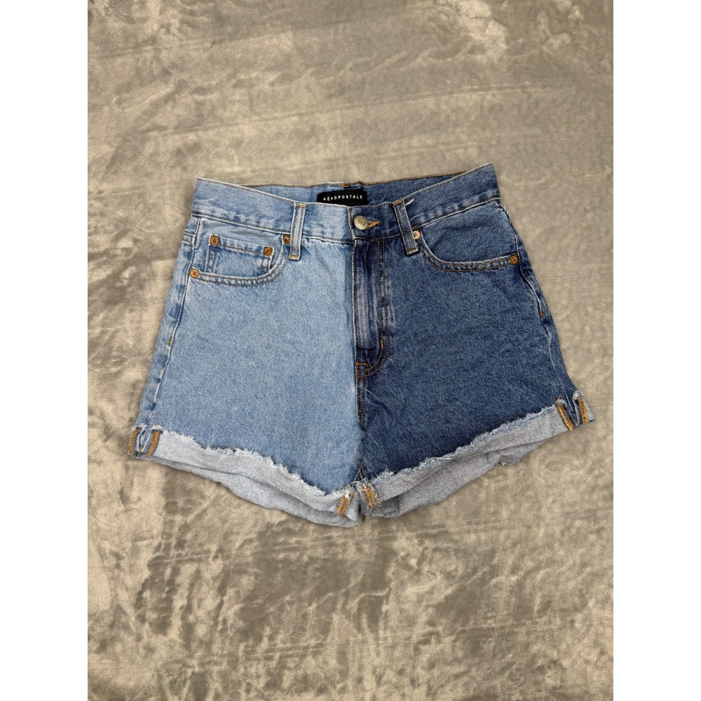 Aeropostale Mom Shorts Two Tone Colorblock Denim High Waisted Blue Size 2R
